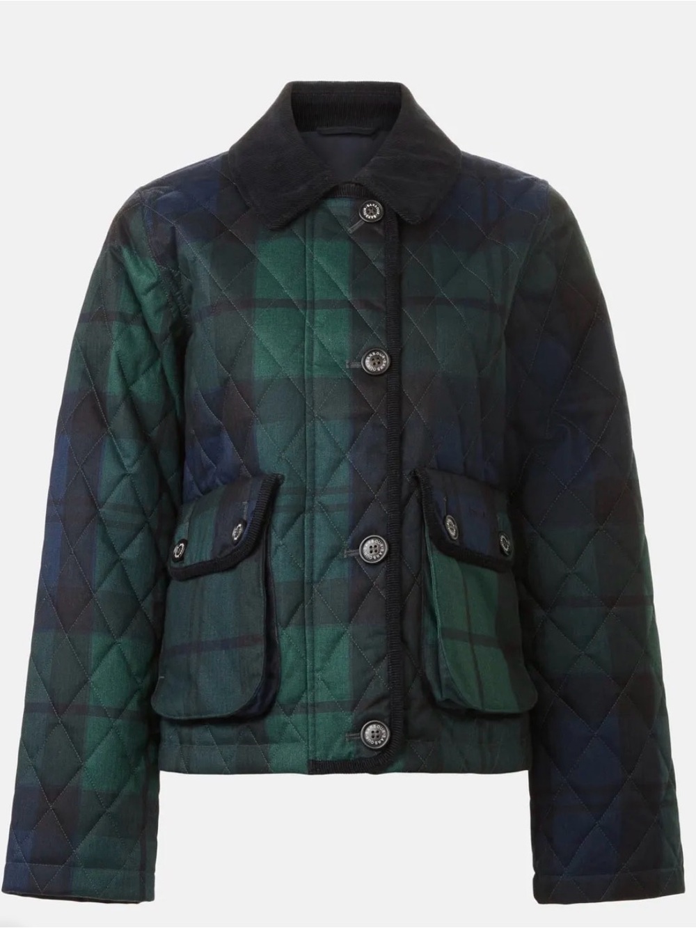 Barbour Louden Quilted Jacket Blue Green Black Plaid Check Corduroy Collar US 6